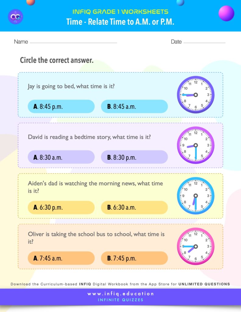 Grade 1 Math: Time - Relate Time to a.m. or p.m. Worksheet