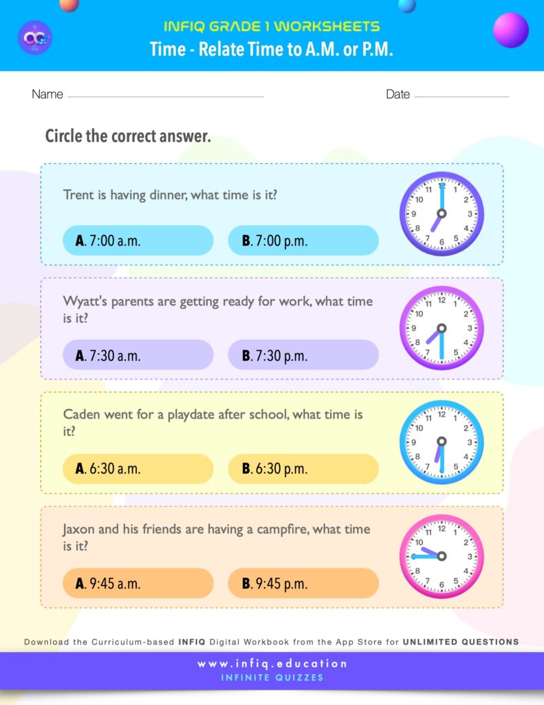 Grade 1 Math: Time - Relate Time to a.m. or p.m. Worksheet
