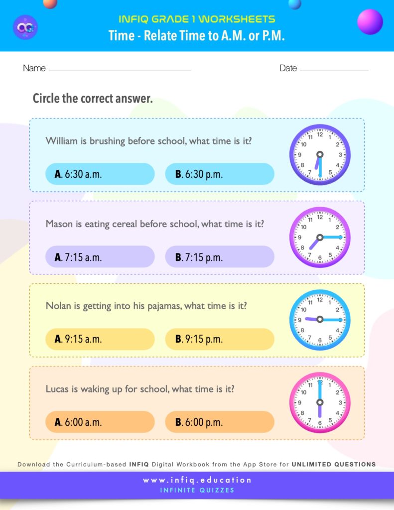 Grade 1 Math: Time - Relate Time to a.m. or p.m. Worksheet