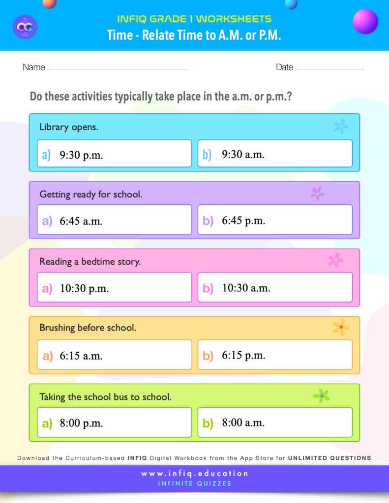 Grade 1 Math: Time - Relate Time to a.m. or p.m. Worksheet