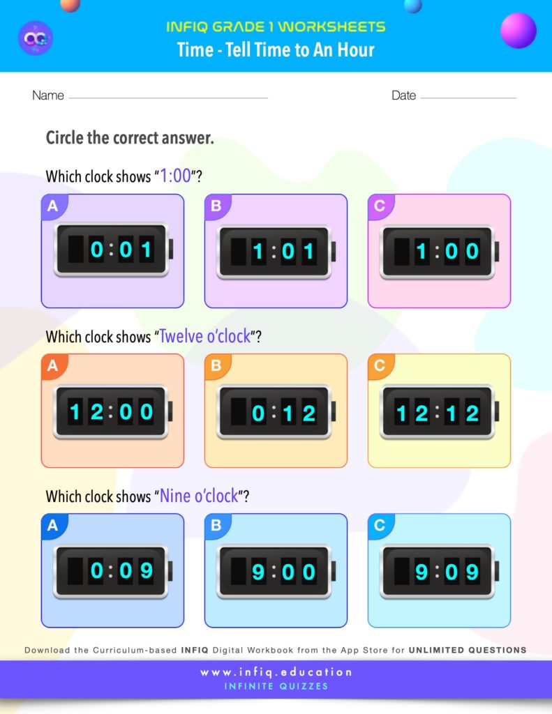 Grade 1 Math: Time - Tell Time to An Hour Worksheet