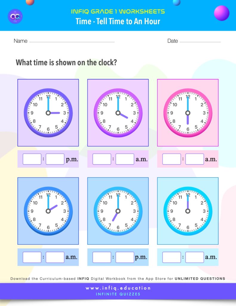 Grade 1 Math: Time - Tell Time to An Hour Worksheet
