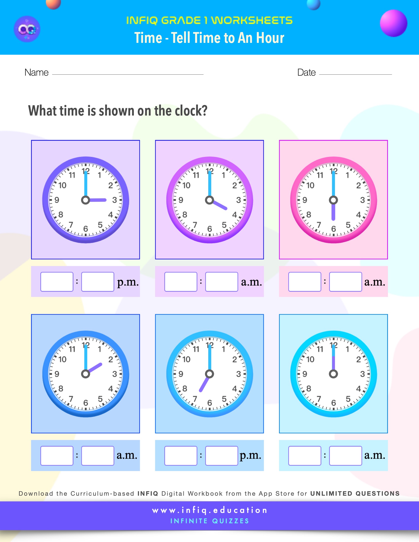 Grade 1 Math: Time - Tell Time to An Hour Worksheet