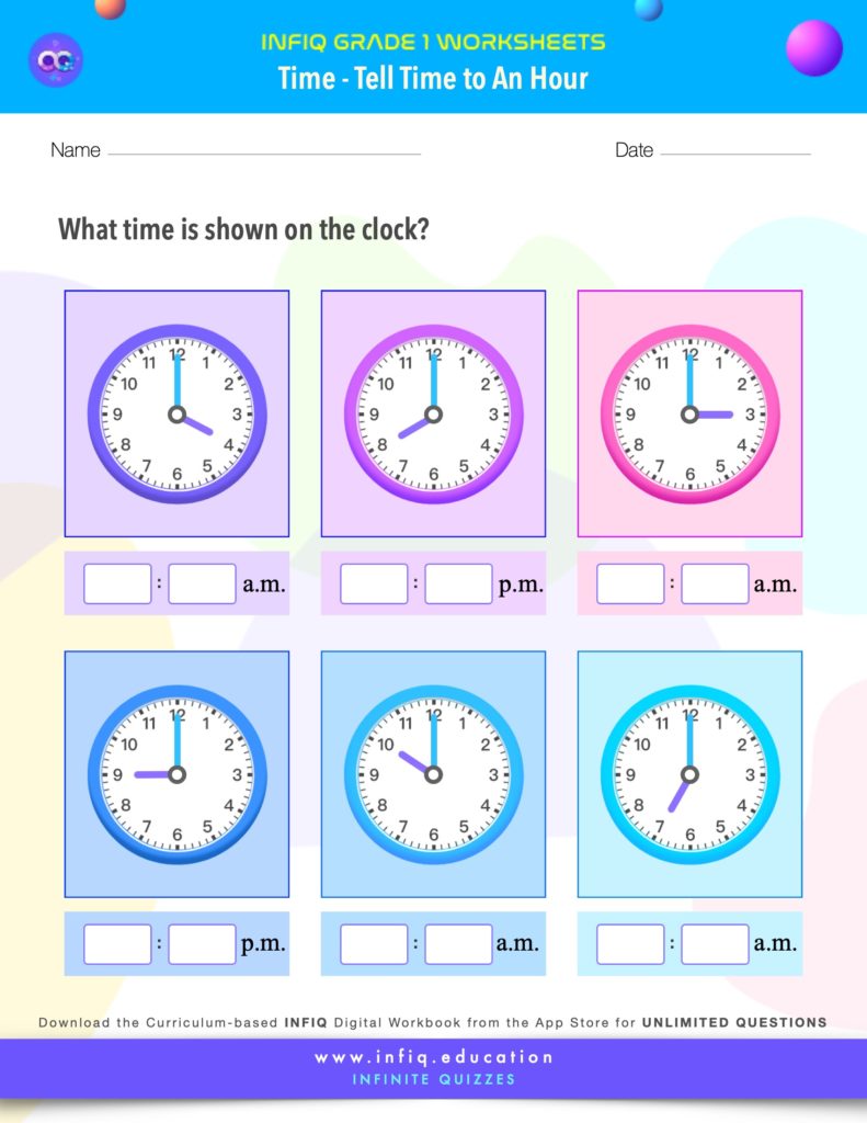Grade 1 Math: Time - Tell Time to An Hour Worksheet