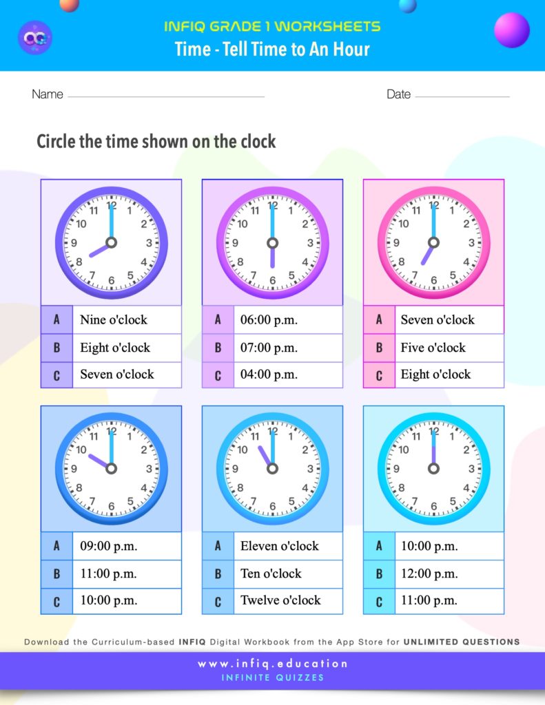 Grade 1 Math: Time - Tell Time to An Hour Worksheet
