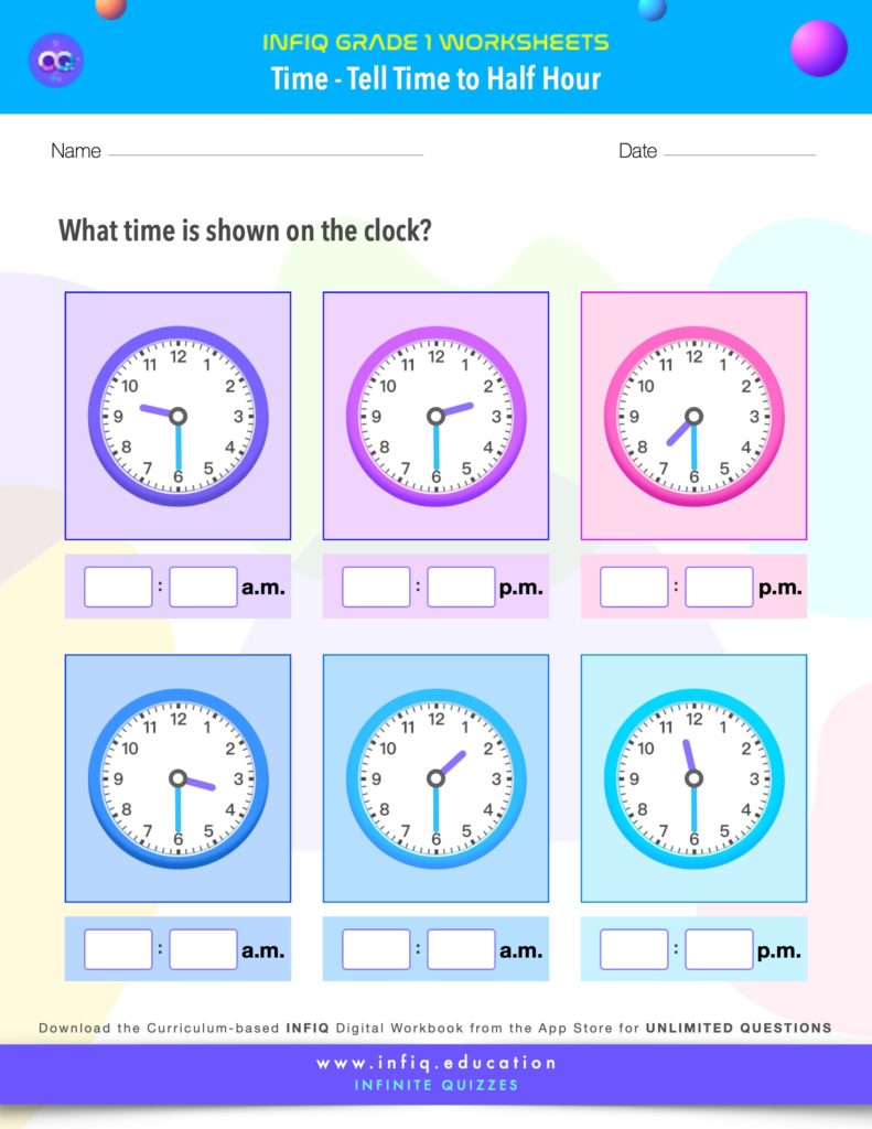 Grade 1 Math: Time - Tell Time to Half Hour Worksheet