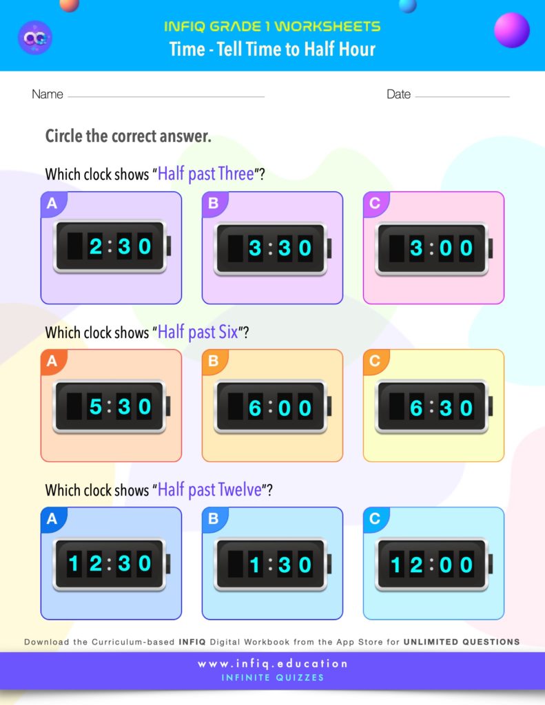 Grade 1 Math: Time - Tell Time to Half Hour Worksheet