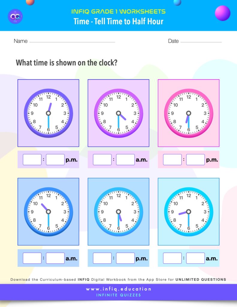 Grade 1 Math: Time - Tell Time to Half Hour Worksheet