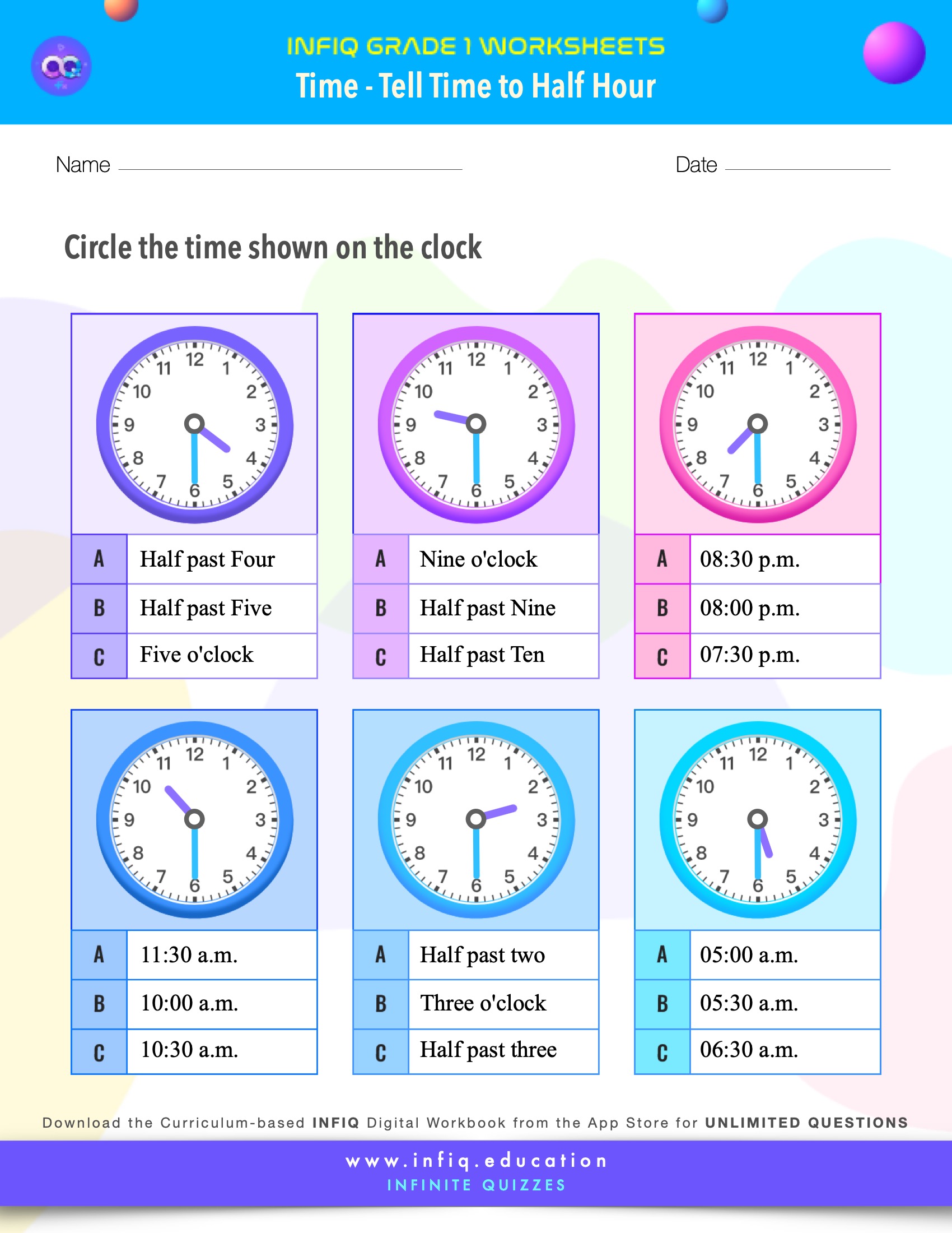 Grade 1 Math: Time - Tell Time to Half Hour Worksheet