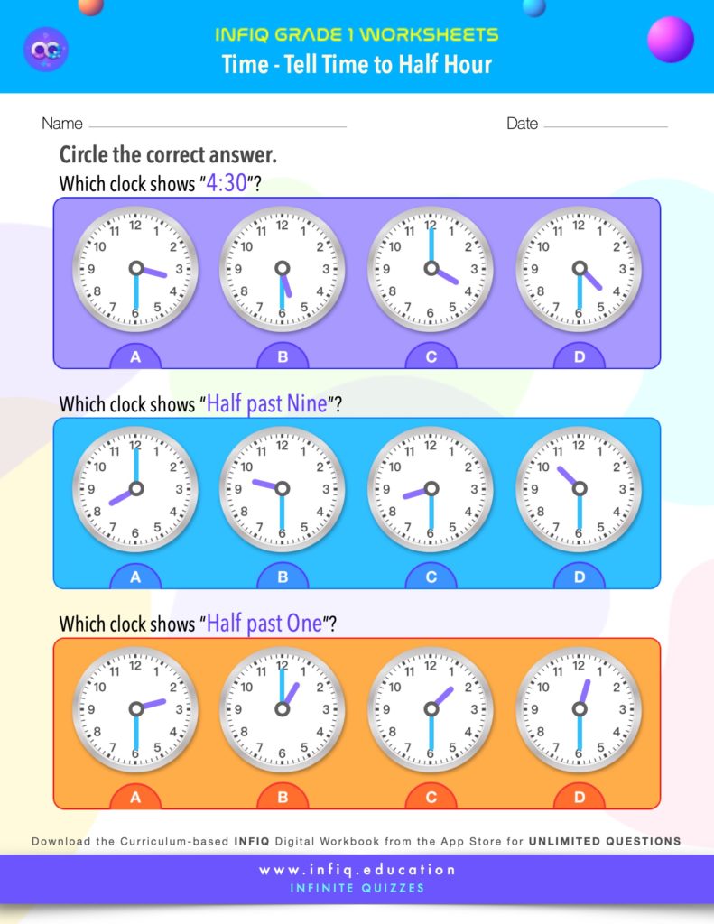Grade 1 Math: Time - Tell Time to Half Hour Worksheet