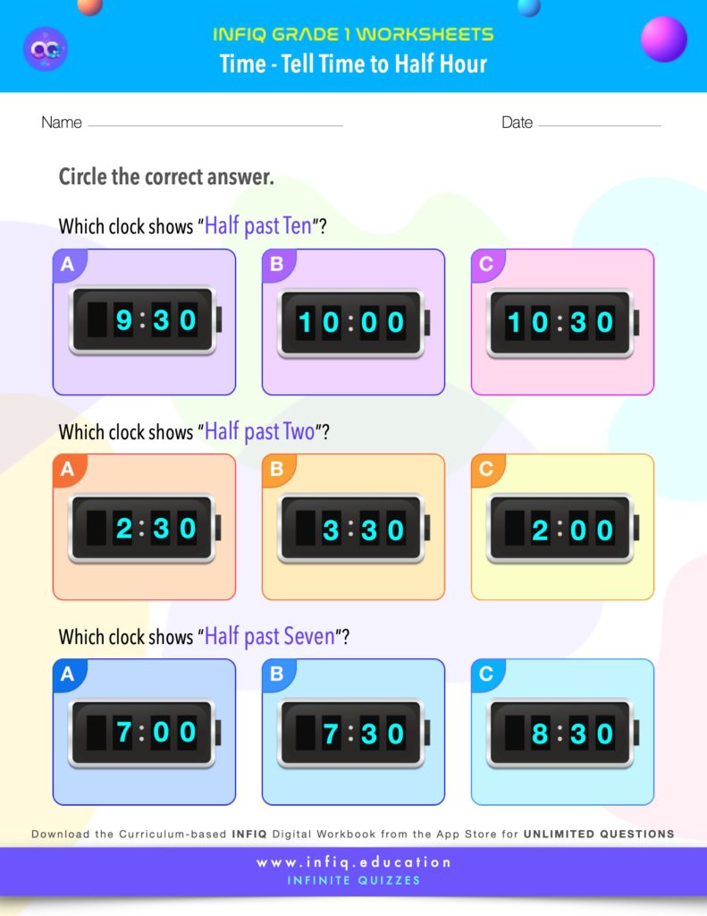 Grade 1 Math: Time - Tell Time to Half Hour Worksheet