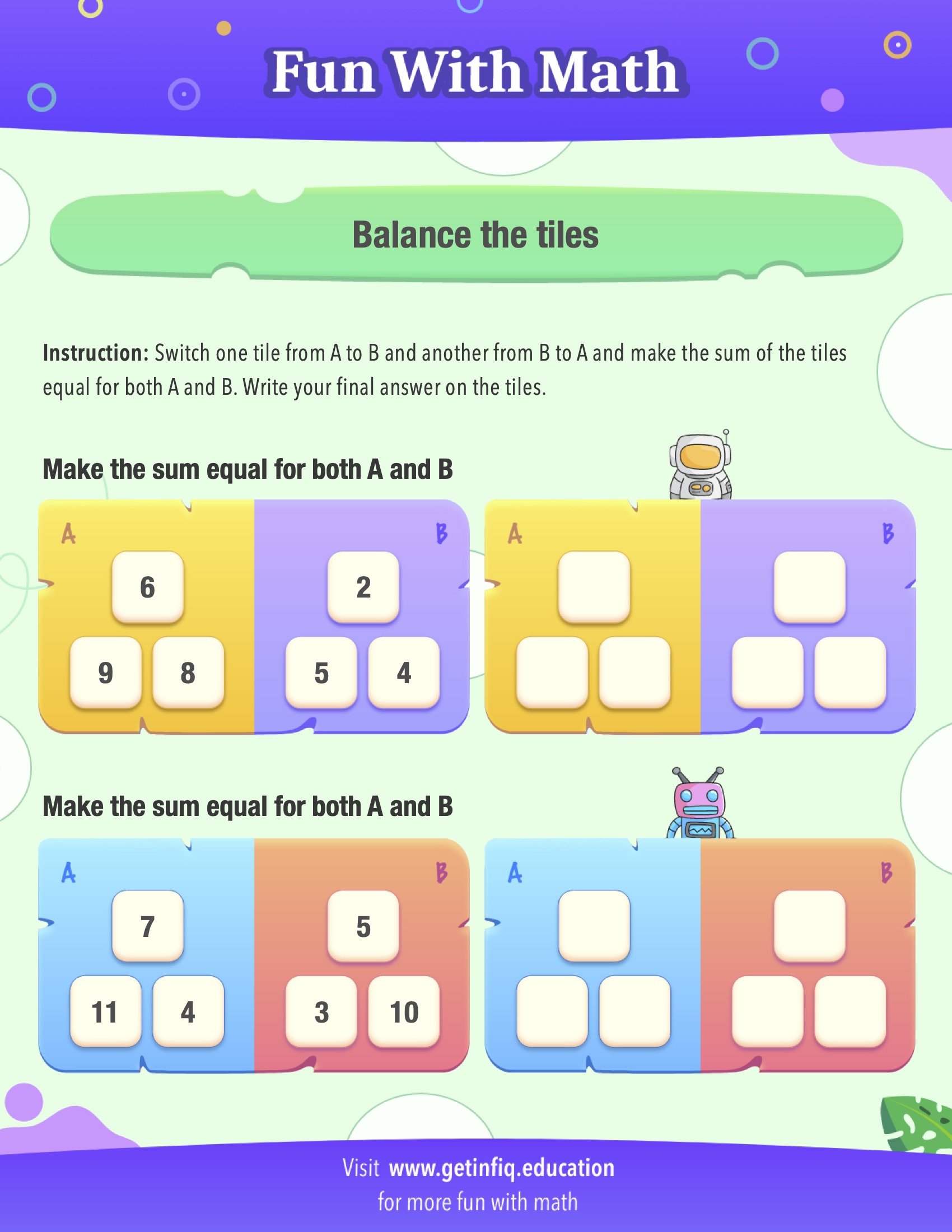 Grade 1 Balancing the sum Math Puzzle