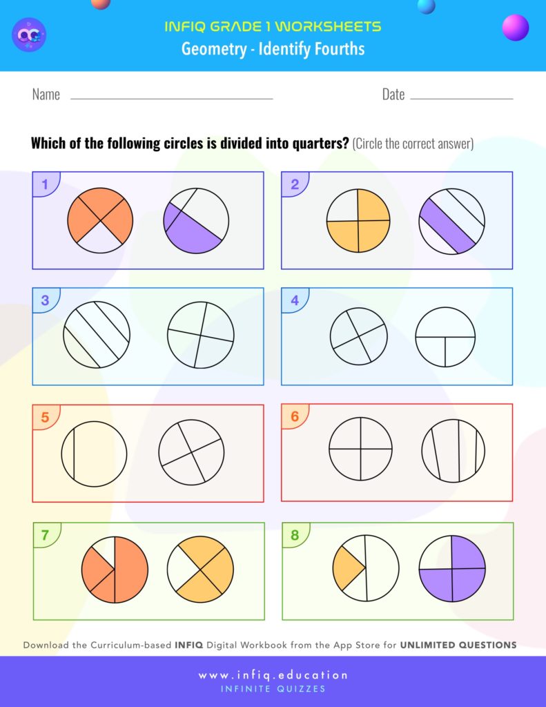 Grade 1 Math: Geometry - Identify Fourths Worksheet