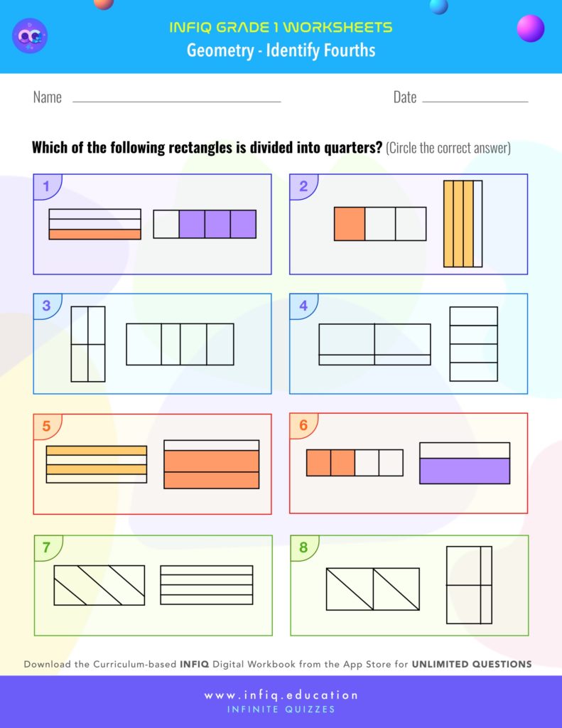 Grade 1 Math: Geometry - Identify Fourths Worksheet