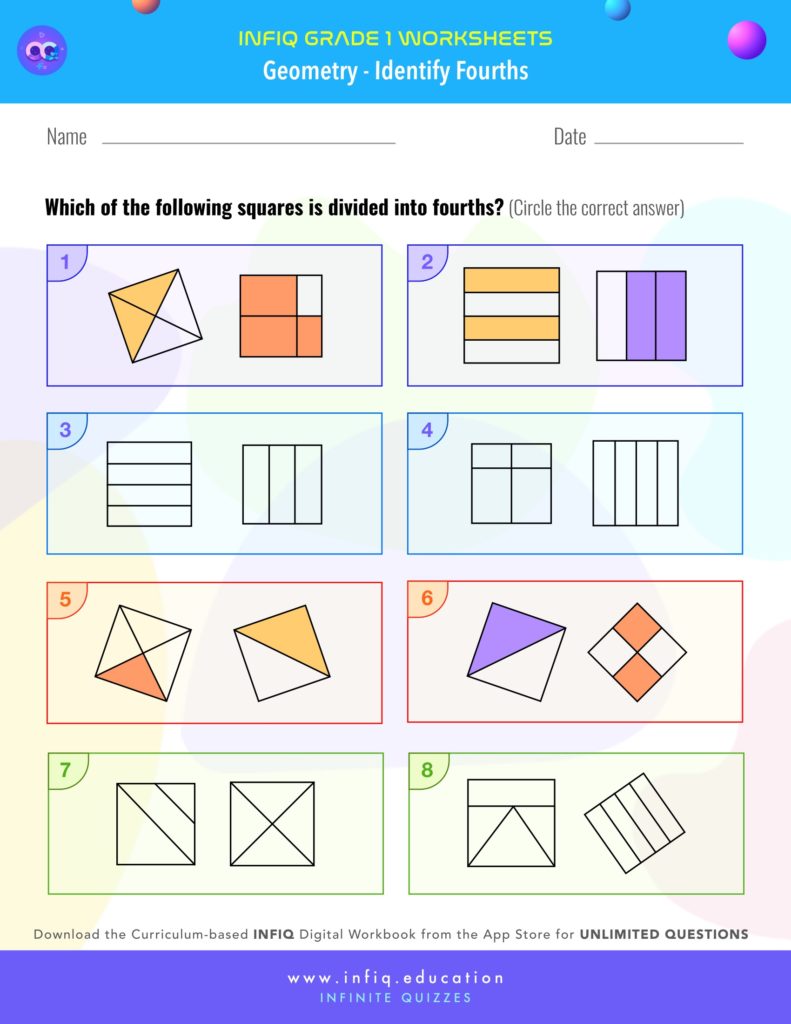 Grade 1 Math: Geometry - Identify Fourths Worksheet