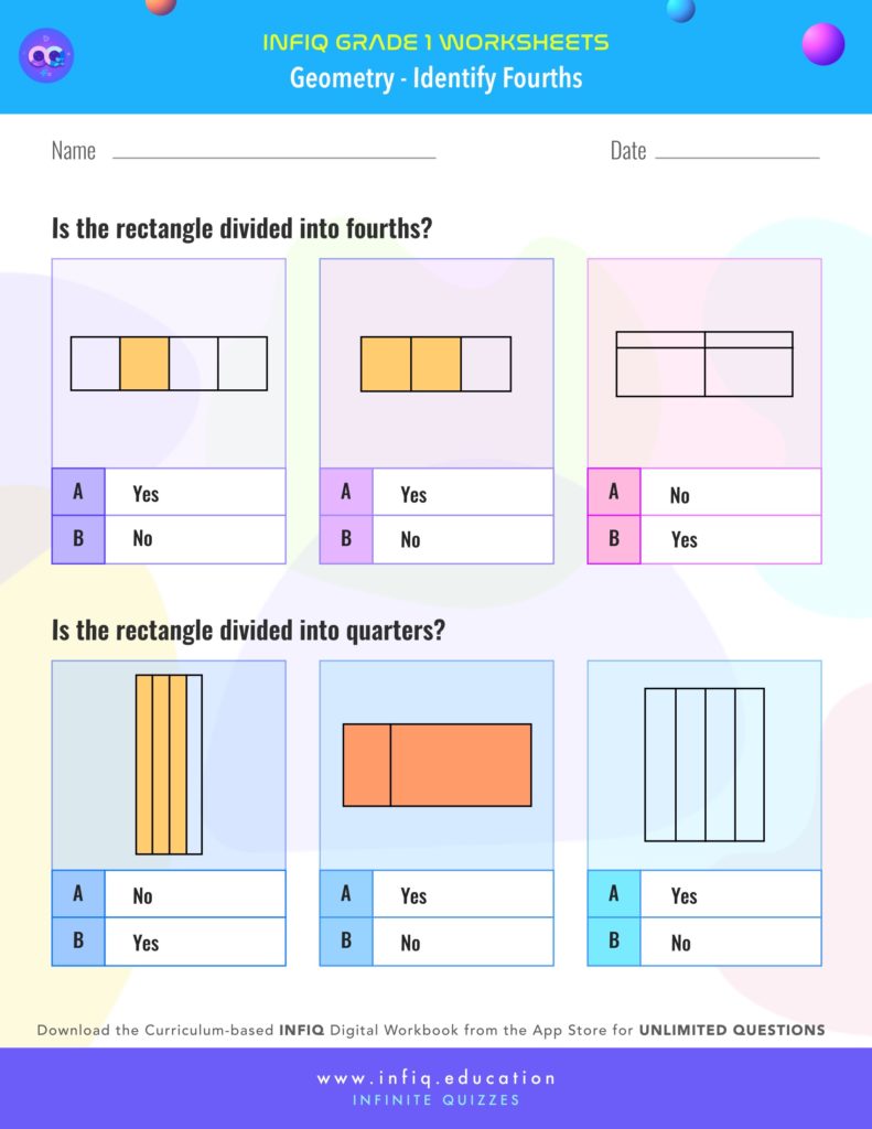 Grade 1 Math: Geometry - Identify Fourths Worksheet