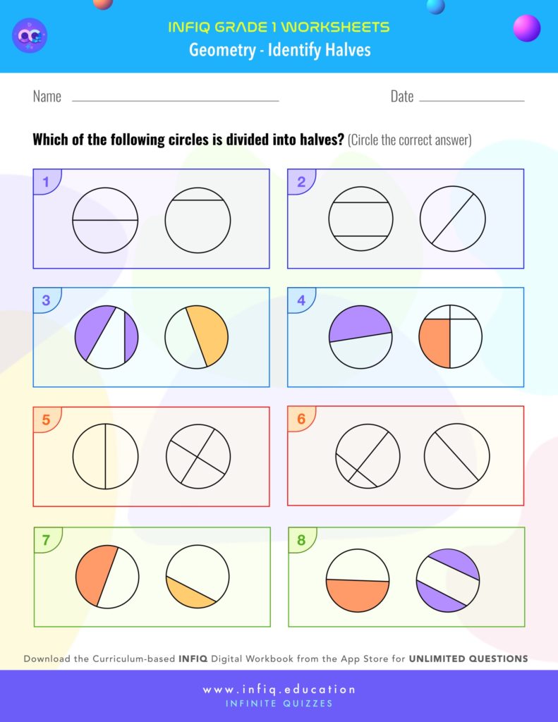 Grade 1 Math: Geometry - Identify Halves Worksheet