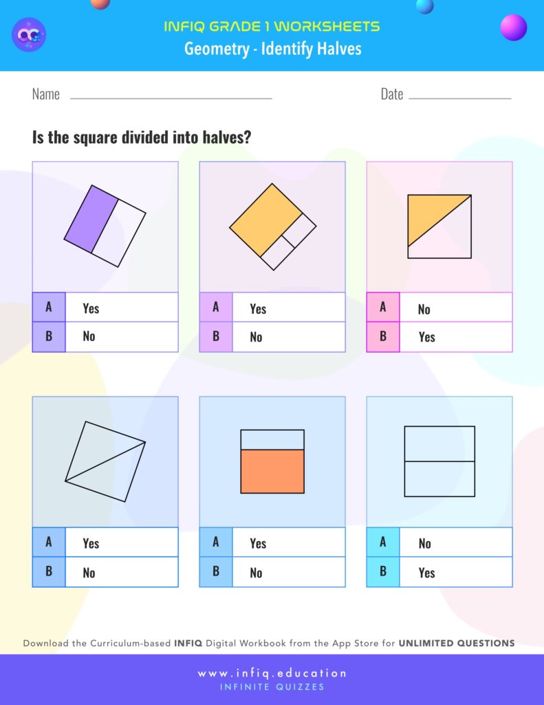 Grade 1 Math: Geometry - Identify Halves Worksheet