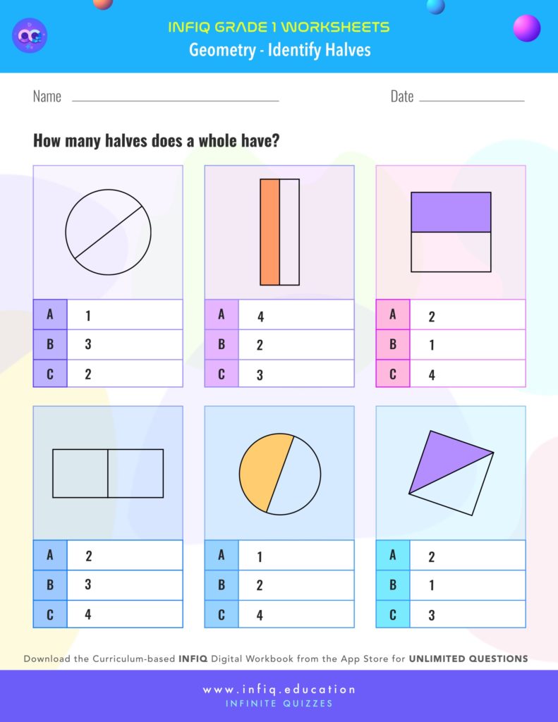 Grade 1 Math: Geometry - Identify Halves Worksheet