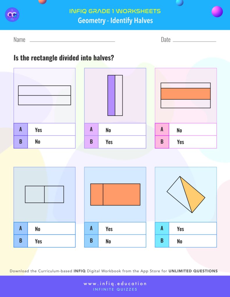 Grade 1 Math: Geometry - Identify Halves Worksheet